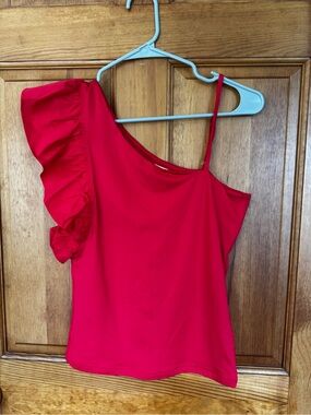 mittoshop One-Shoulder Ruffle Tank Top - Red